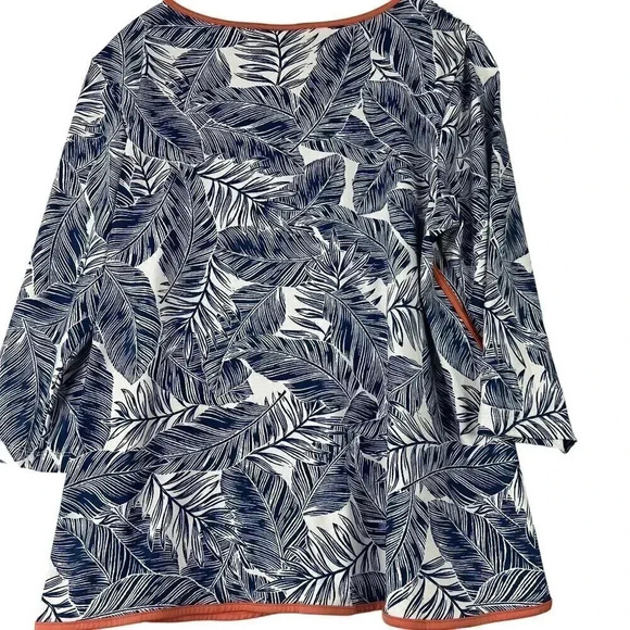 Women's Tunic Style Shirt Petite Large Blue Fern Print with Orange Accents Ruby - Picture 2 of 3